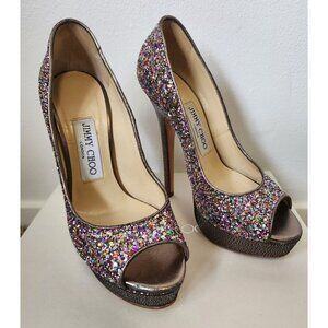 Jimmy Choo pink multicolor glitter peep toe 145mm heeled pumps 36/6